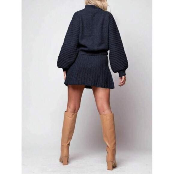 Womens 2 Piece Outfits Long Sleeve Mock Neck Ribbed Sweater And Mini Skirt - Picture 2 of 4